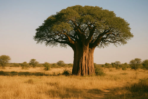 Large baobab tree in a grassy field with a clear sky.