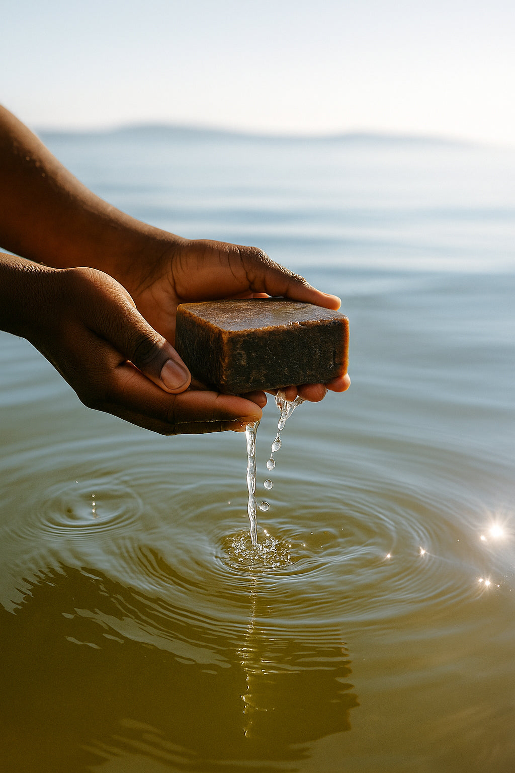 Hands holding an Elija’s Nature Black Soap Bar above calm water, with droplets falling and soft ripples forming on the surface