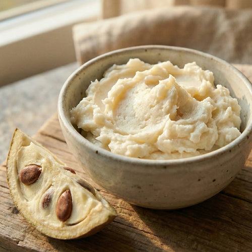 Bowl of cupuaçu butter on a wooden table with a side of sliced cupuaçu fruit.