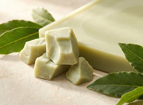 Green wax bars and cubes with laurel leaves on a beige background.