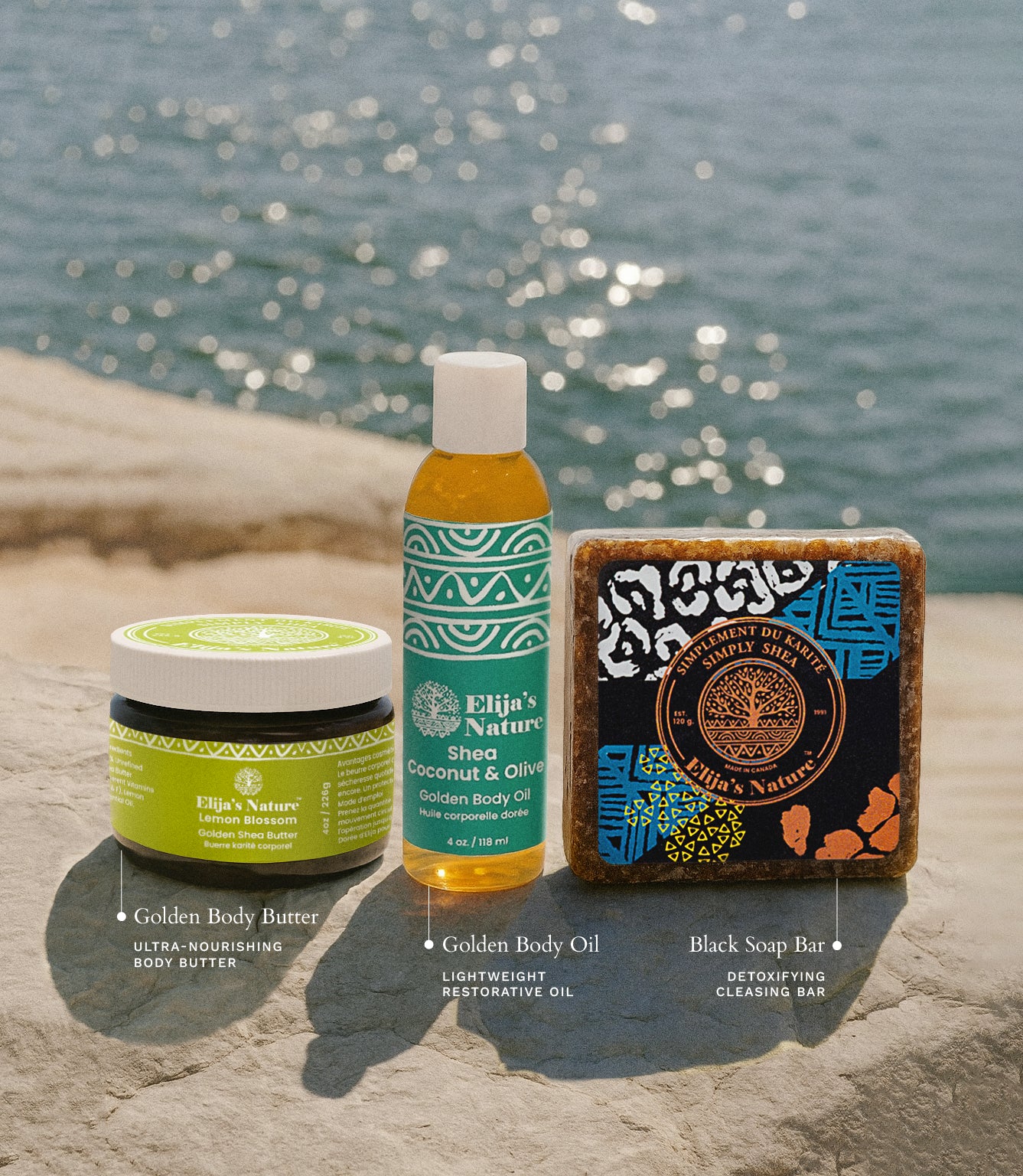The three products from the Morning Glory Gift Set in Olive Coconut displayed on a sunlit stone surface by the water with visible product information