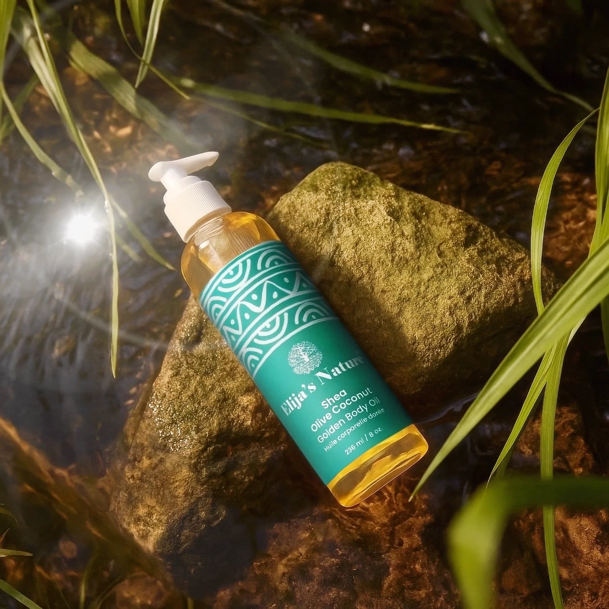 Golden Body Oil – #scent_Olive Coconut #size_8oz - Bottle of Elija’s Nature Olive Coconut Golden Body Oil 8oz placed on a stone surrounded by fresh grass and water