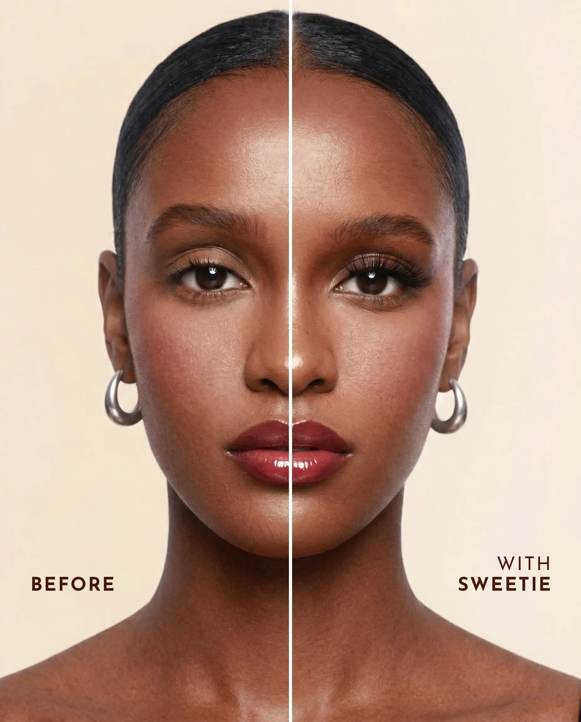 Before and after comparison of a woman's face with Sweetie false lashes.