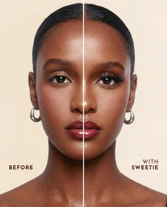 Before and after comparison of a woman's face with Sweetie false lashes.