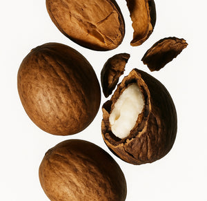 #scent_Unscented - Close-up of whole and cracked shea nuts, revealing the raw shea butter inside